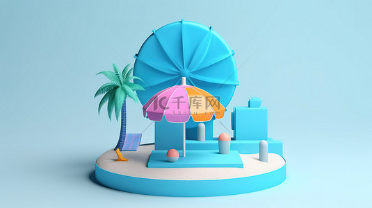 雨伞背景图片_产品展示 3d 蓝色讲台，设有带雨伞游泳圈和沙滩球的夏日海滩