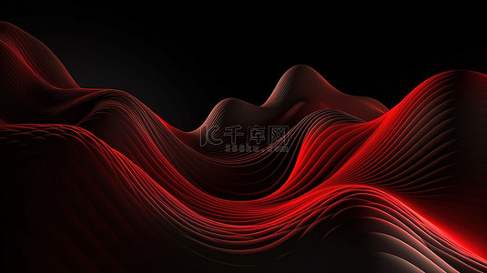 红色波浪渐变背景图片_3D 渲染中创建的红色和黑色抽象波浪背景
