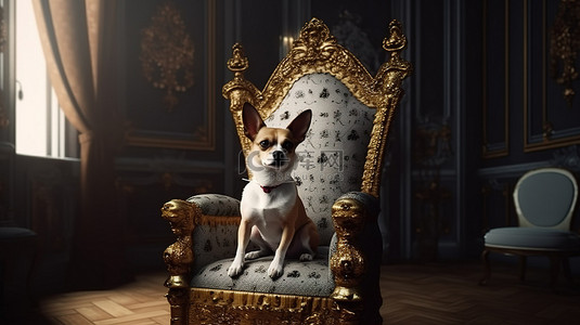 坐在豪华椅子上的皇家小狗的 3D 渲染