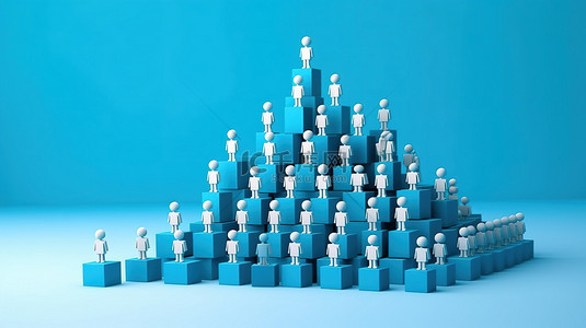 3D 小雕像描绘白色和蓝色背景上的企业层次结构