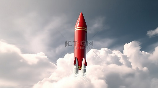 火花背景图片_红色火箭遮盖铅笔的创新火花 3D 渲染推进到天空以获得创意灵感