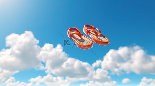 爱与自由背景图片_3d 渲染的人字拖在多云的天空中翱翔，象征着旅行和自由