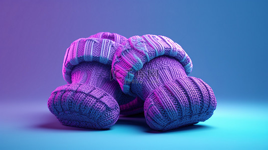 蓝色背景与紫色冬季手套的 3d 渲染
