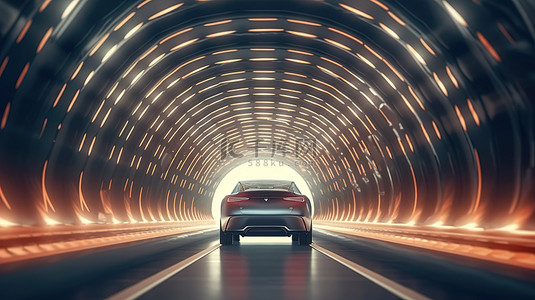 一辆自动驾驶汽车驶过明亮的铁路隧道的 3D 渲染