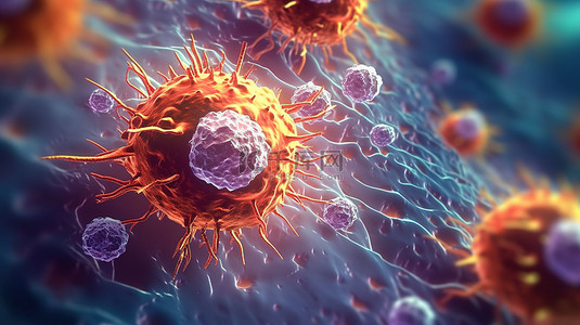 T 细胞参与对抗癌细胞的 3D 插图