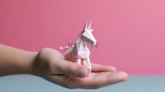 粉色独角兽手中握有令人惊叹的 3D 纸艺艺术品，具有充足的复制空间