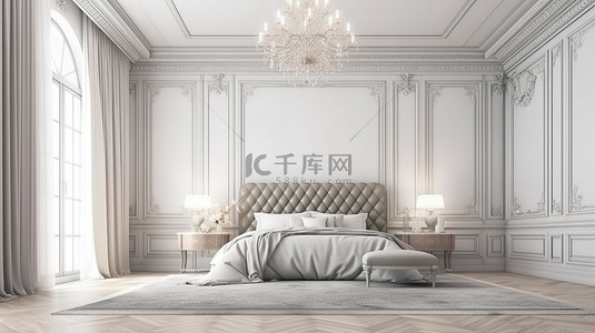 令人惊叹的 3D 渲染豪华卧室，配有别致的空白白色墙壁，装饰着舒适的白色床和时尚的灰色毯子