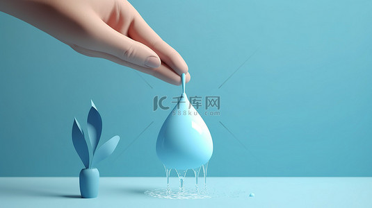 简约卡通风格 3D 渲染节水运动概念，用于 3 月的节水日，海报背景上手握水龙头的水滴