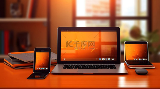 橙色办公桌上装饰着笔记本电脑手机和数字平板电脑，呈现令人惊叹的 3D 图像