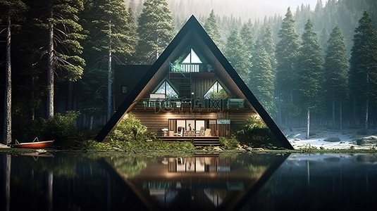 营地主题 3D 插图 一座坐落在森林覆盖的湖畔环境中的三角形房屋