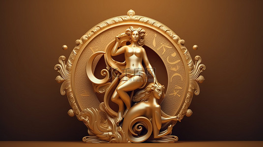 金色色调的处女座黄道十二宫的 3D 插图，具有充足的复制空间