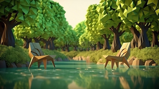 低聚 3D 渲染卡通城市与河滨绿色公园和树木