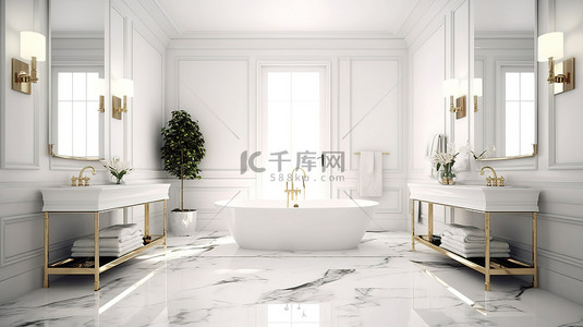 豪华浴室以 3D 形式可视化，采用白色配色方案