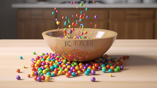 红木板背景图片_3D 插图展示了一系列充满活力的彩虹色糖果层叠在白色瓷碗和木板上