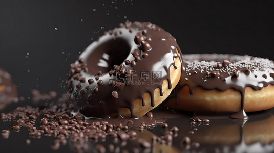 巧克力甜甜圈与糖洒和 3d 渲染中的巧克力糖衣