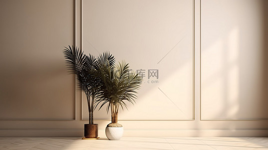 中性米色房间，左侧有棕榈植物 3D 渲染空墙模型