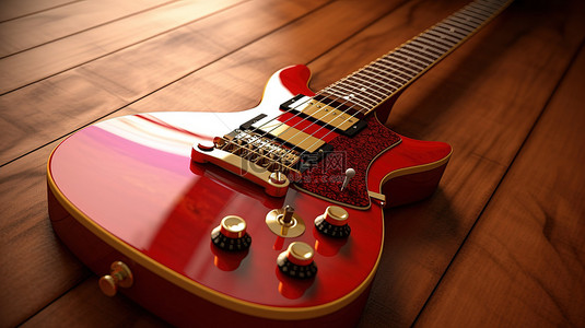 令人惊叹的复古风格红色电吉他通过 3D 渲染呈现在木桌上