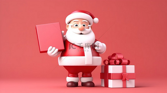 卡片明信片背景图片_欢快的圣诞老人拿着一张大明信片，非常适合圣诞节横幅标签和卡片 3D 卡通风格插图