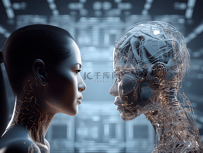 智能科技信息背景图片_人类与机器人面对面科技广告背景