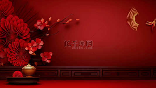 红色剪纸花卉中国风格节日广告背景