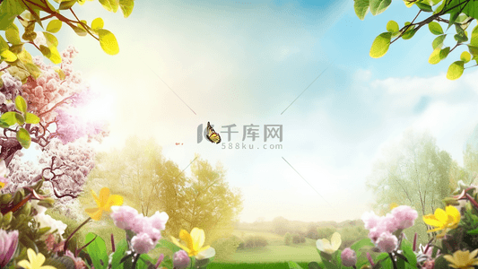 鲜花广告背景背景图片_蝴蝶花卉森林卡通自然风景广告背景