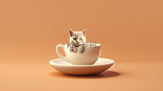 特图背景图片_咖啡杯上的简约 3D 小猫设计