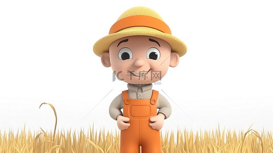 异想天开的 3D 插图娇小的农民，穿着工作服，收获丰收