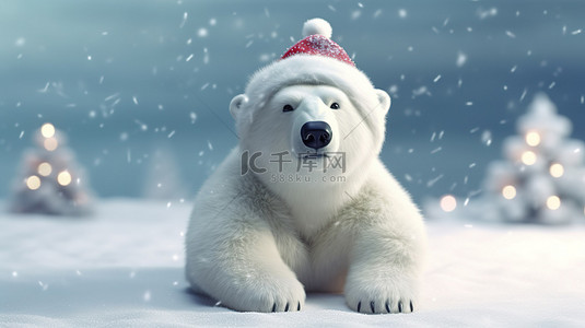 白熊背景图片_庆祝圣诞节的白熊的 3D 渲染插图