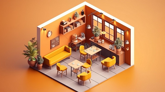 咖啡背景图片_等距咖啡馆内部概念的 3D 插图