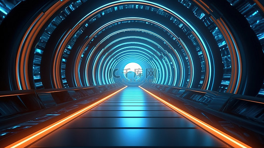 导航未来派霓虹灯隧道令人惊叹的 3D 渲染插图