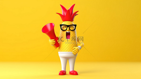 欢快的菠萝嬉皮士，带着老式扩音器，充满活力的卡通人物吉祥物，在阳光明媚的黄色背景下制作 3D