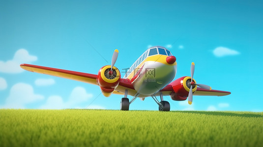 在飞机上卡通背景图片_1 3D 渲染卡通飞机在郁郁葱葱的绿草地上翱翔的广告横幅