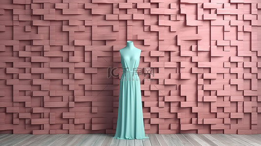 粉红色砖墙背景图片_粉红色木裙屏风与蓝宝石砖墙的 3d 渲染