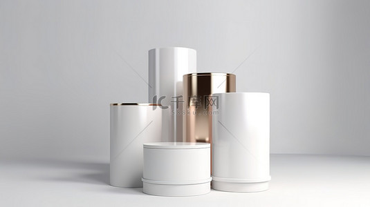 白色背景 3D 渲染中的极简主义豪华设计圆柱领奖台