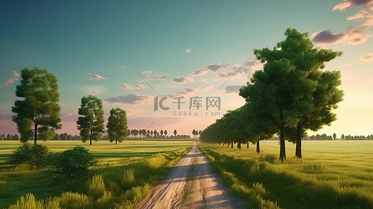 清晨宁静的 3D 插图，黎明时绿色田野和树木中风景优美的道路
