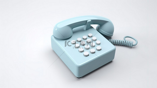 在白色背景上隔离的方形 3d 渲染中的老式蓝色电话图标按钮