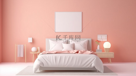 挂墙相框背景图片_卧室的 3D 渲染等距视图，配有白色床单相框和粉红色背景的边桌