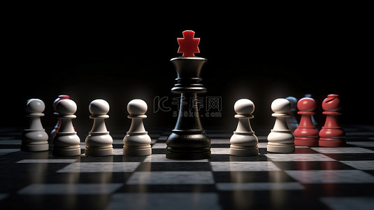 黑色背景下目标上的 3d 棋子和女王的国际象棋游戏