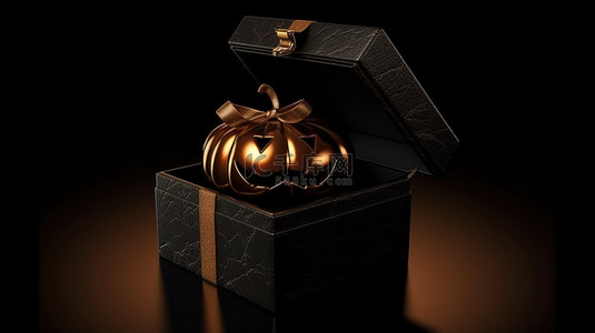 派对剪影背景图片_黑色礼品盒，深色背景上有 3D 渲染的快乐万圣节南瓜