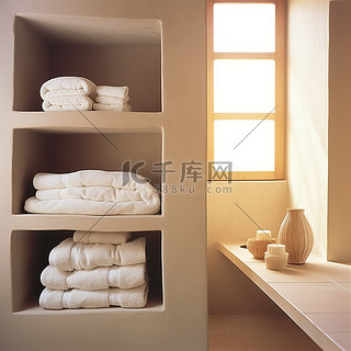 浴室背景图片_浴室的架子上放着毛巾，还有窗户