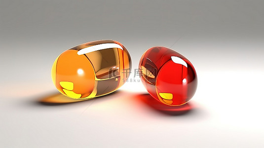 橙白背景图片_两个橙色和红色药物胶囊的充满活力的 3D 插图，白色表面有阴影