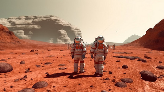 勇敢的心背景图片_宇航员发现火星广阔的红色景观 勇敢的太空旅行者的壮观 3D 渲染
