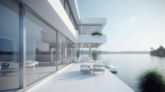 现代白宫 3D 渲染，宽敞的露台和令人惊叹的湖景，外部采用优雅的大窗户设计