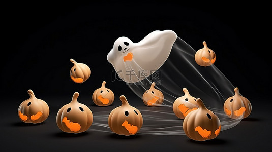 黑背景图片_万圣节 3D 渲染黑色背景飞行橙色南瓜和白色幽灵