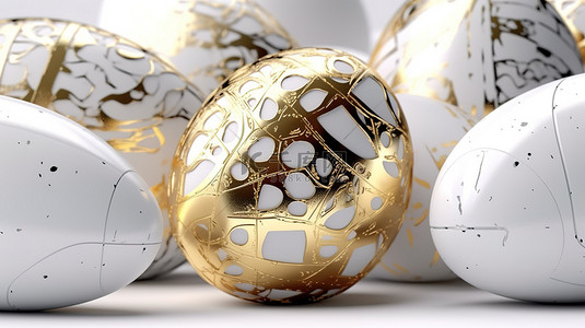 复活节主题概念艺术优雅的白色和金色鸡蛋 3D 插图