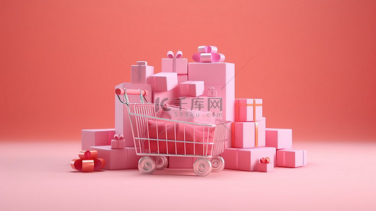 带有礼品盒的购物车或袋子模板的 3D 渲染，用于在网站和社交媒体上宣传折扣活动