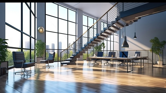 办公室桌子背景图片_时尚且阳光充足的时尚开放式概念办公室的 3D 渲染图，配有现代家具光滑的地板楼梯和壮丽的城市景观