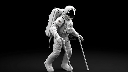 医疗海报设计背景图片_需要拐杖进行移动创意插画设计的宇航员的 3D 渲染
