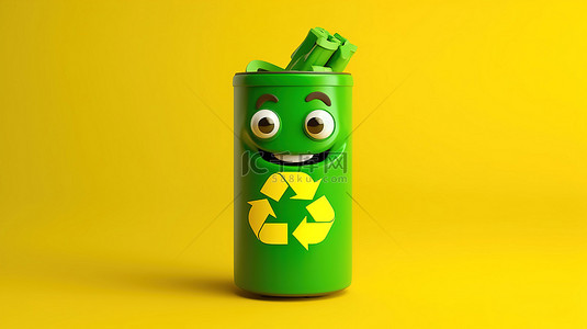 黄色背景上带有回收标志和可充电电池的绿色垃圾桶吉祥物的 3D 渲染