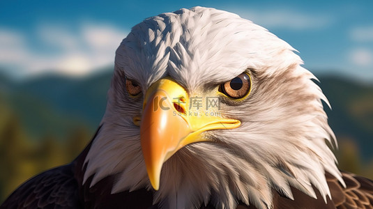 距离标尺背景图片_3D 插图中雄伟秃头鹰的近距离视图
